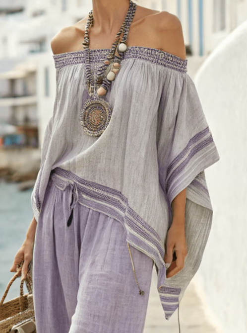 Conjunto de lino de dos piezas hombros descubiertos